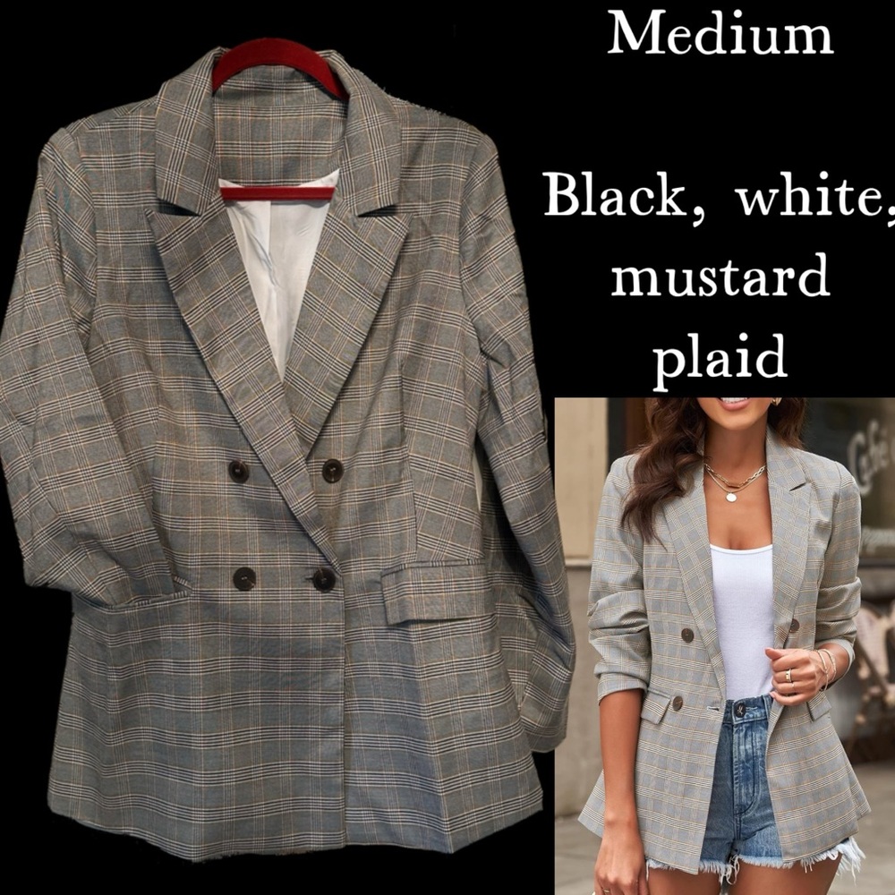 Plaid Women's Blazer - Black, White, Mustard
